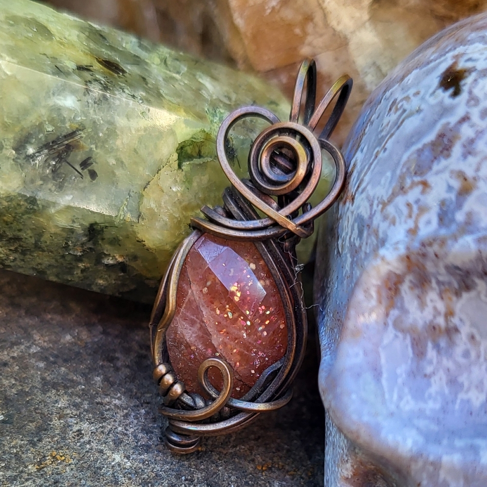 Faceted Rainbow Sunstone Wirewrapped Pendant Necklace